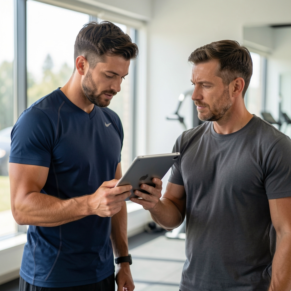 Sports professional explaining a movement assessment on a tablet to an adult male client