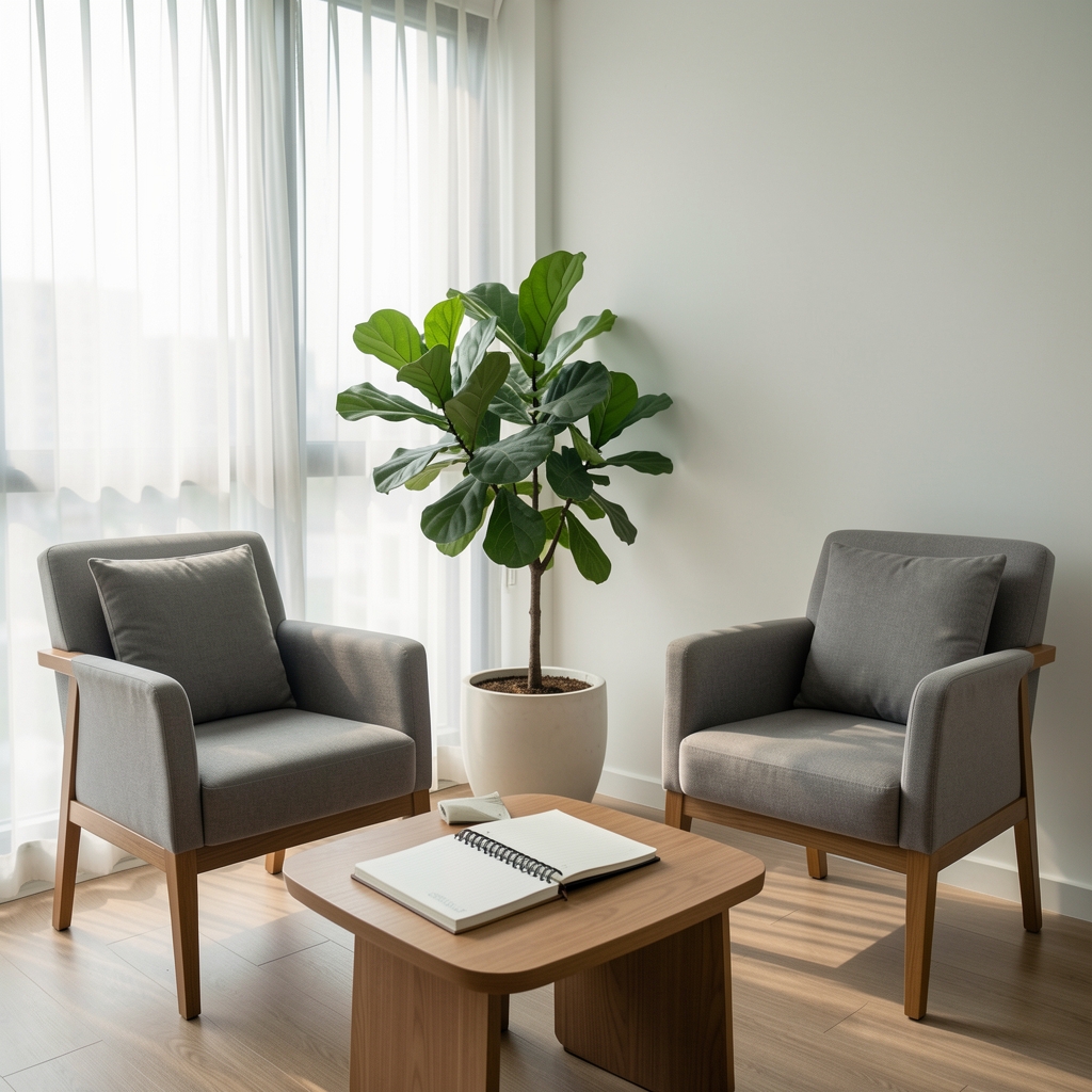 Welcoming consultation room with two chairs, notebook and indoor plant in central Jakarta