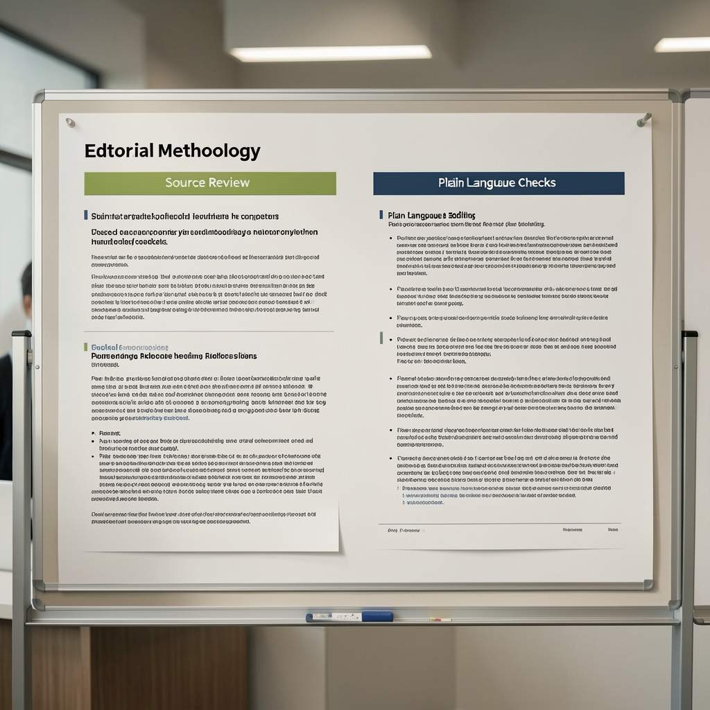 Editorial methodology board showing source review, plain-language editing and publication checks