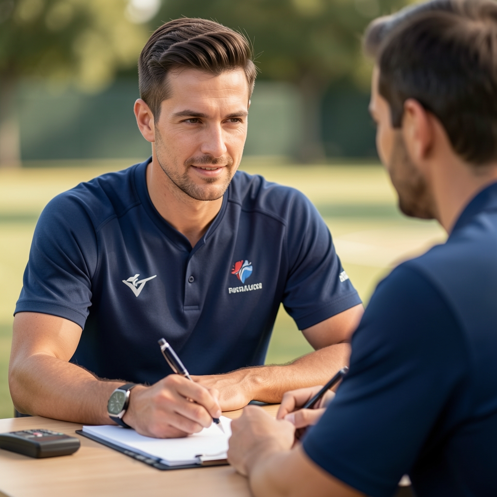 Sports physiology coach reviewing heart-rate observations and movement notes with an adult male client at a desk