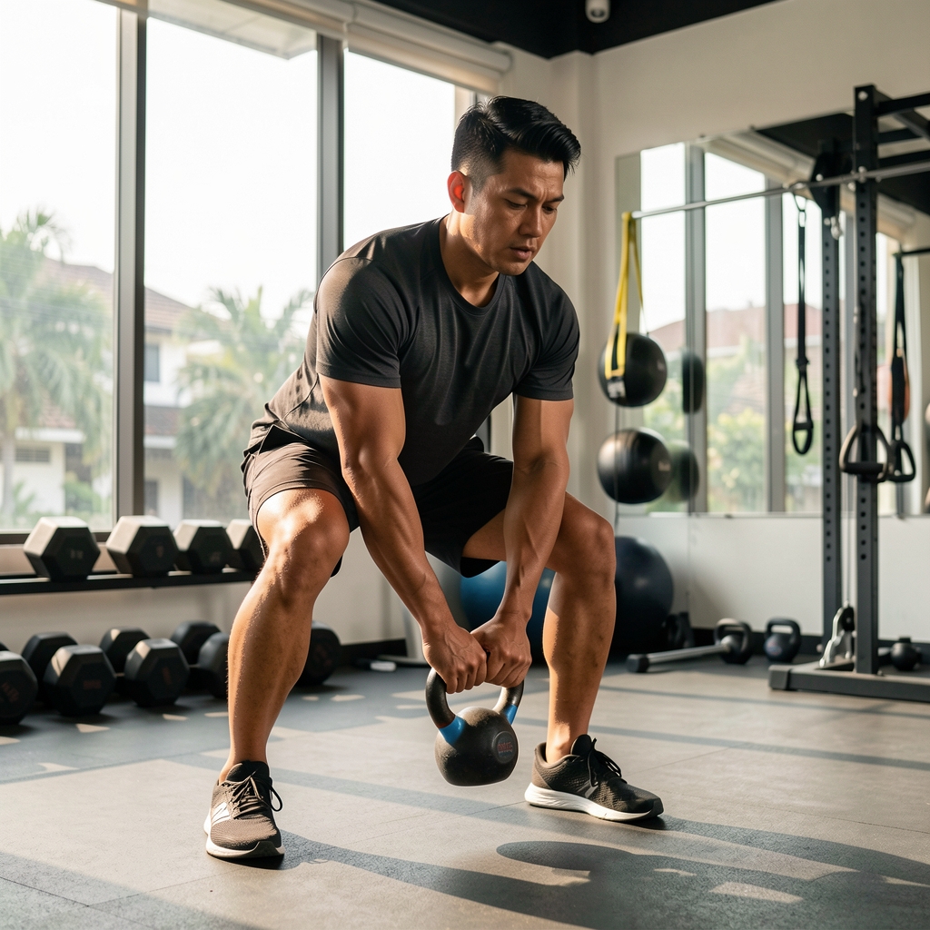 Adult male athlete practicing controlled kettlebell technique beside natural light and training equipment in a Jakarta studio