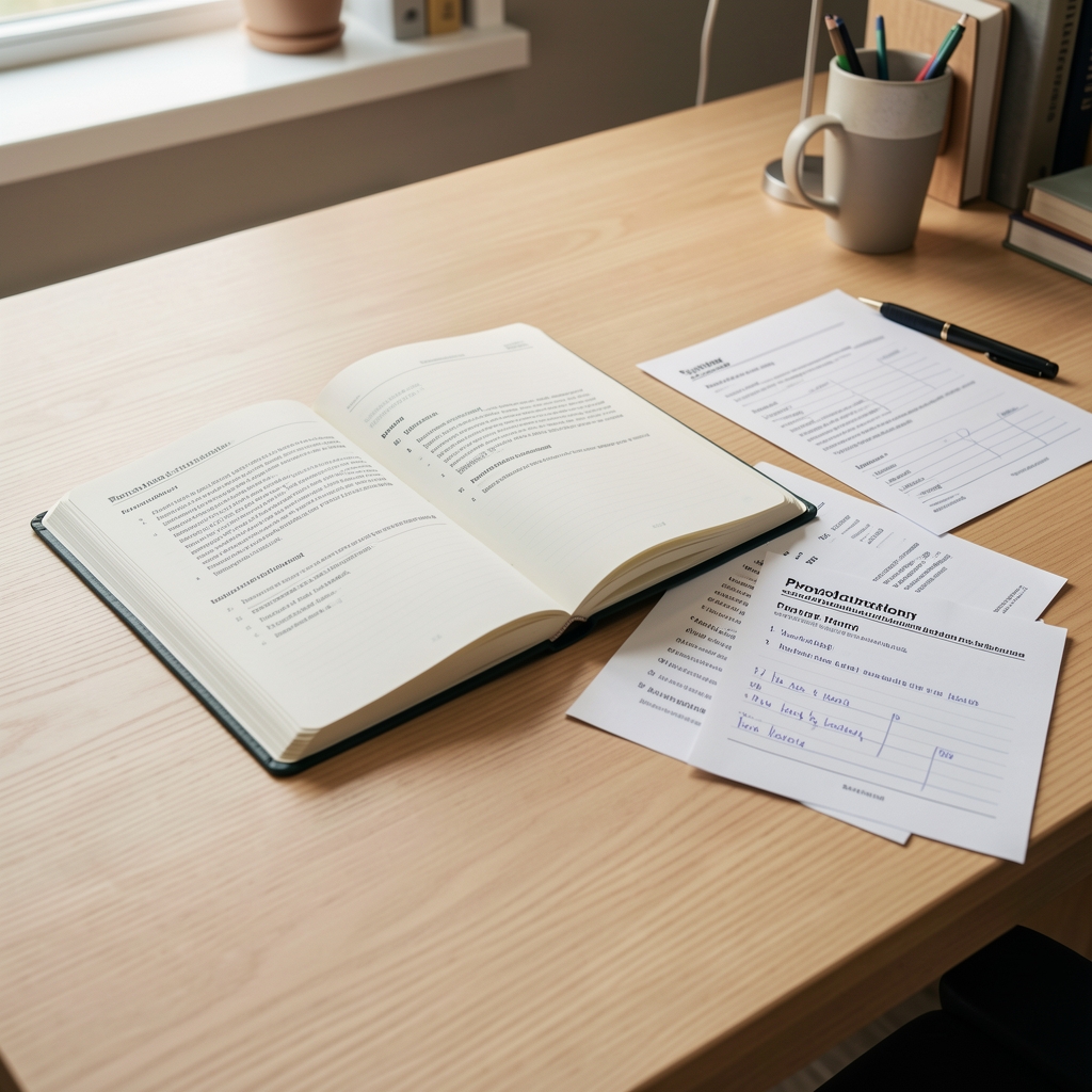 Open training journal and printed physiology notes arranged on a clean wooden study table
