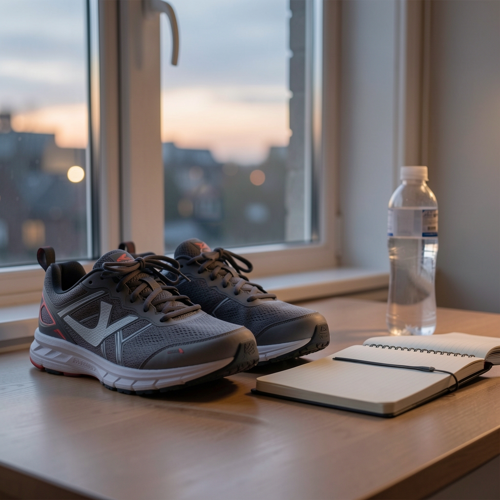 Calm evening recovery scene with training shoes, a notebook and water beside a window